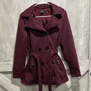 Jones New York size S women’s knit pea coat maroon with black fleck. Y1